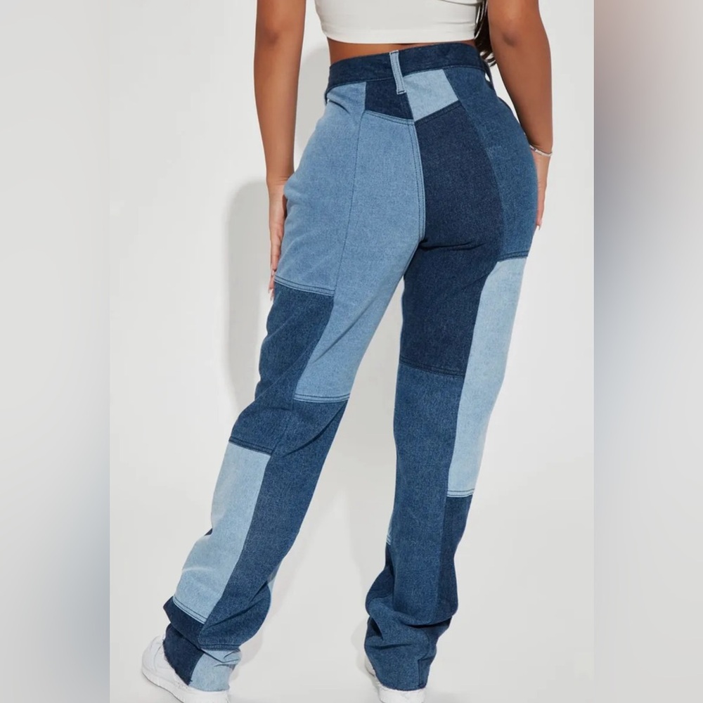 Fashion Nova Hey Girl Patchwork Denim Cropped & Jacket Straight Leg Jeans 14 XL - Picture 6 of 11